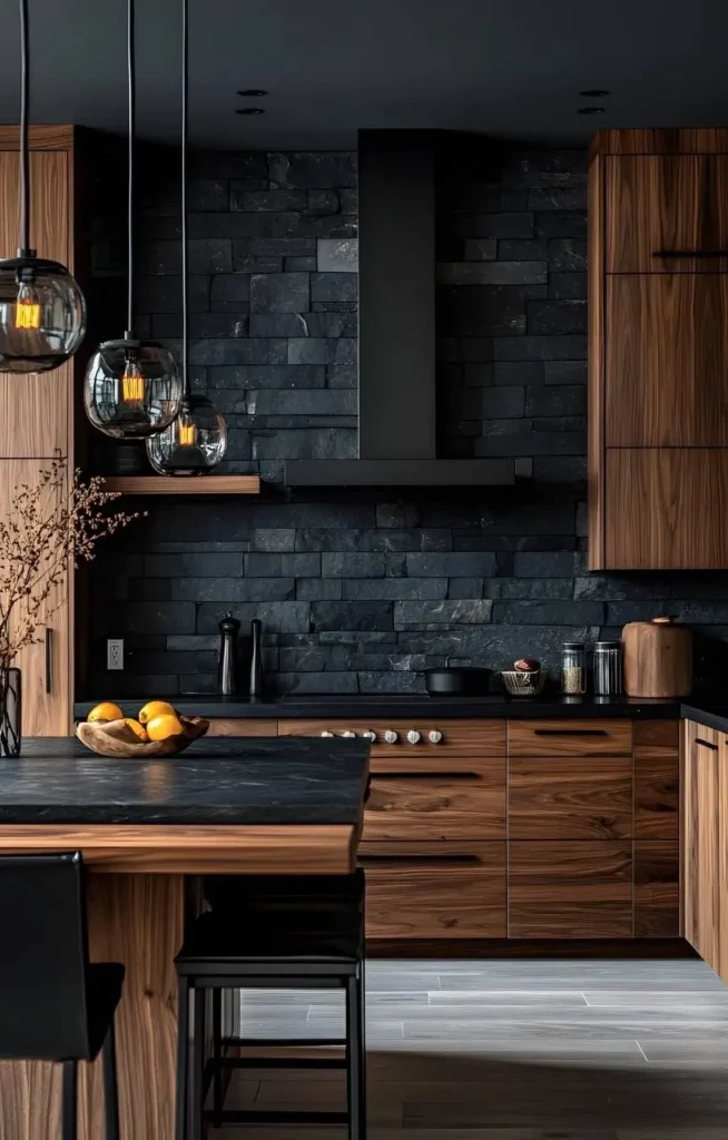 Kitchen with dark textured backsplash, wood cabinets, transparent pendant lights, and a possible Luna García kitchen island.