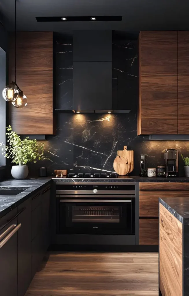 Kitchen featuring a Siemens Oac Cognac Oven, dark marbled backsplash, wood cabinets, and dark countertops. 28 Beautiful Black and Wood Kitchen Ideas You’ll Want to Try
