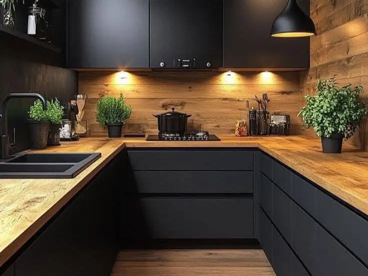 Black kitchen cabinets with wood countertops and backsplash, accented by green plants, pendant lighting, and a partial view of a kitchen island.