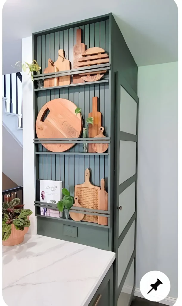 Kitchen cabinet side storage for cutting boards.