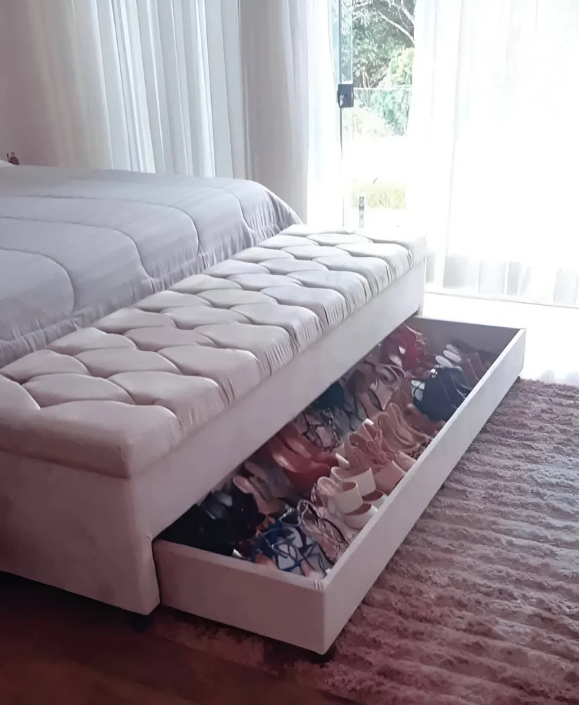 Bedroom bench with lift-top revealing hidden shoe storage.