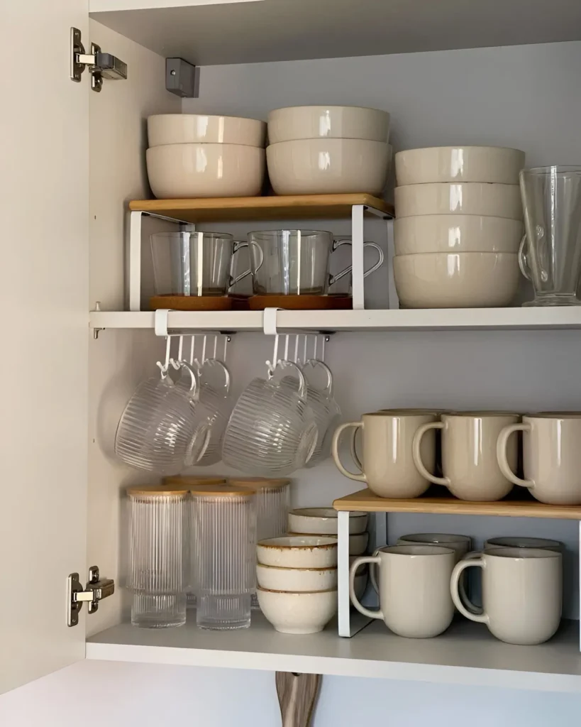 Kitchen cabinet interior with shelf risers and under-shelf hooks for organized storage.