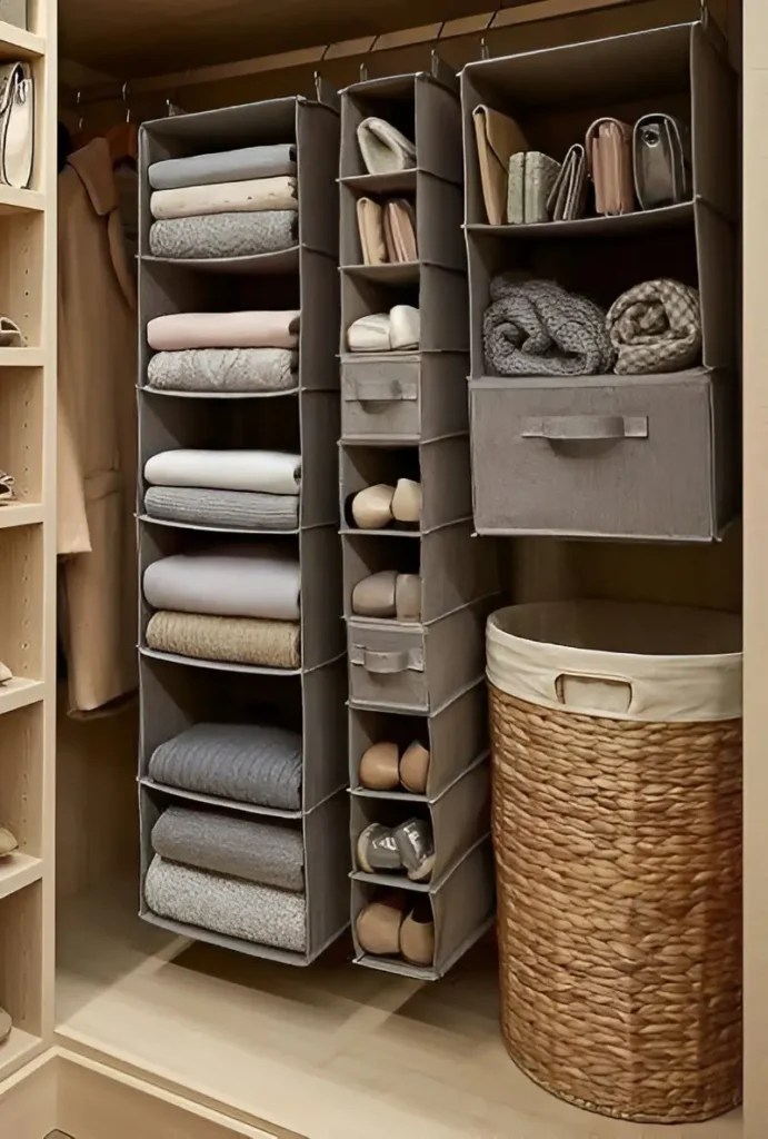 Hanging closet organizers with multiple shelves for clothing and accessories.