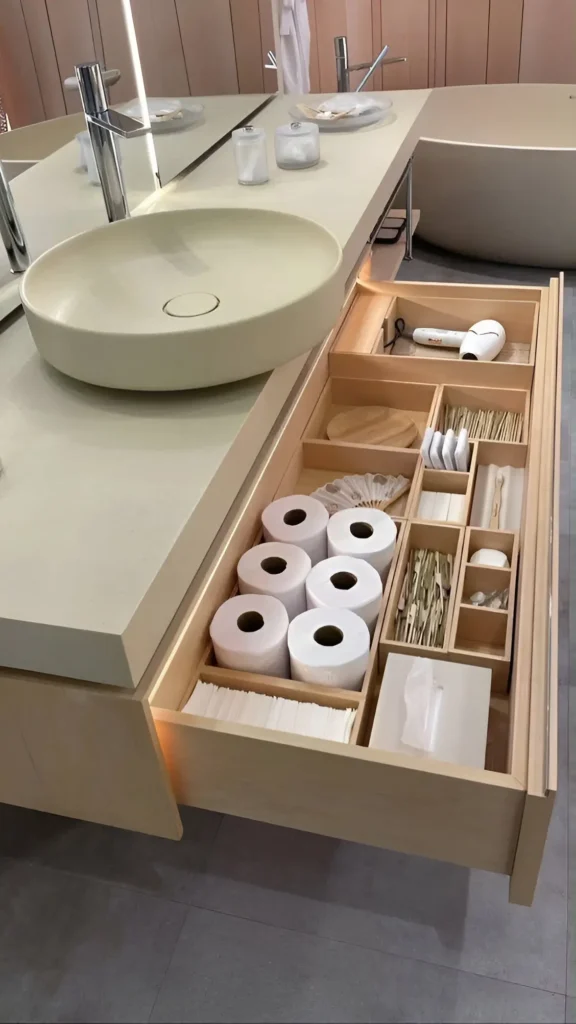 Bathroom vanity drawer with dividers for organized storage of toiletries.