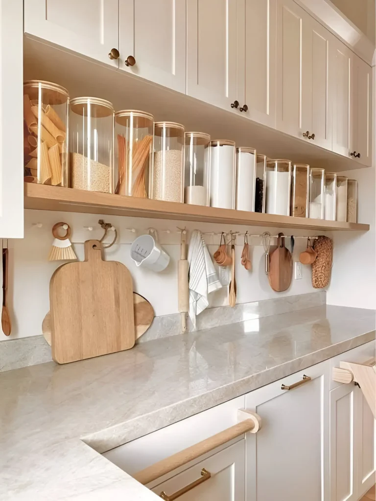 Kitchen countertop with open shelving displaying clear, labeled canisters and hanging utensils.