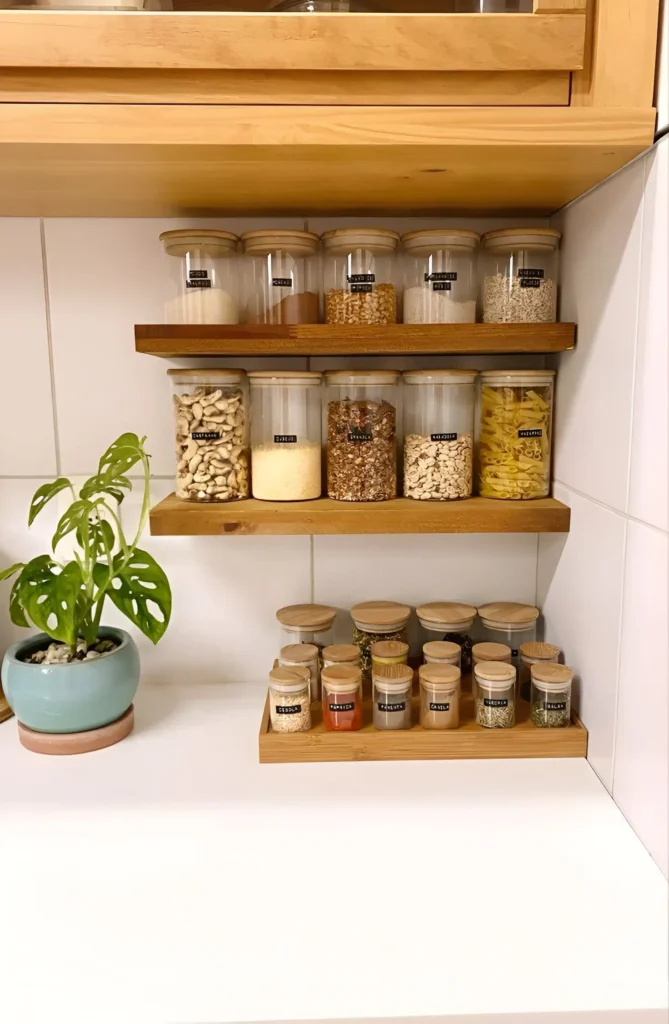 Kitchen countertop with tiered open shelving holding labeled canisters and jars.