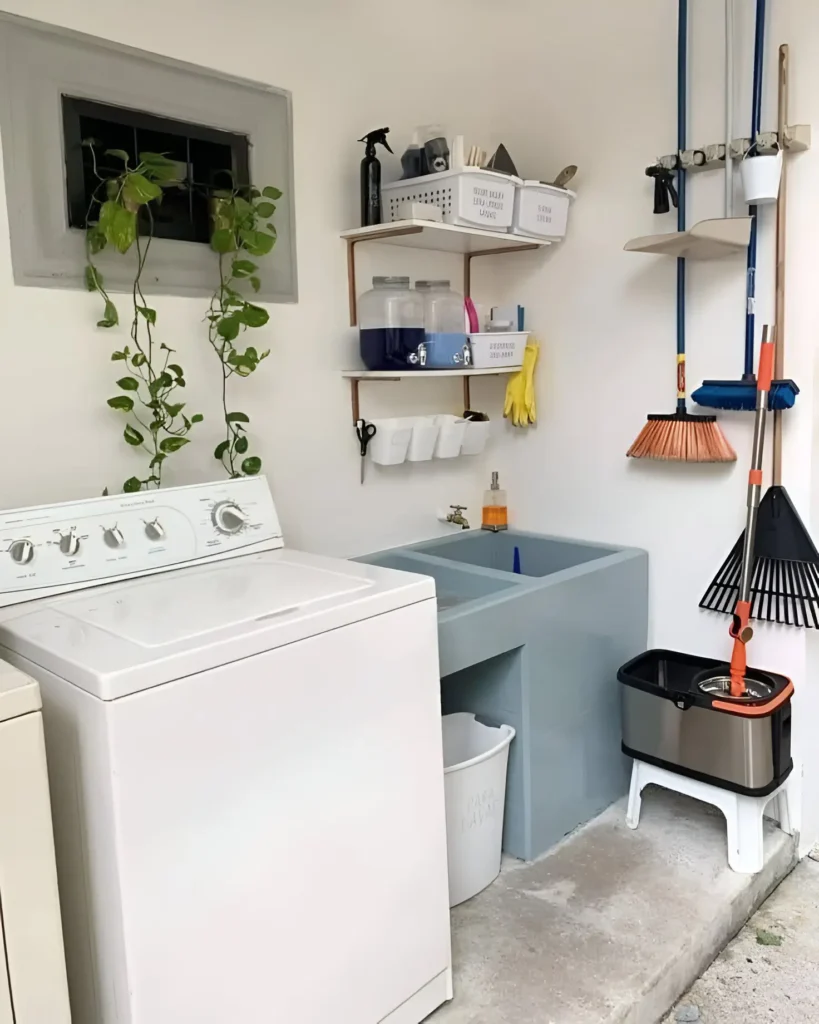 Laundry/utility room with wall-mounted shelves and hooks for cleaning supplies and tools.