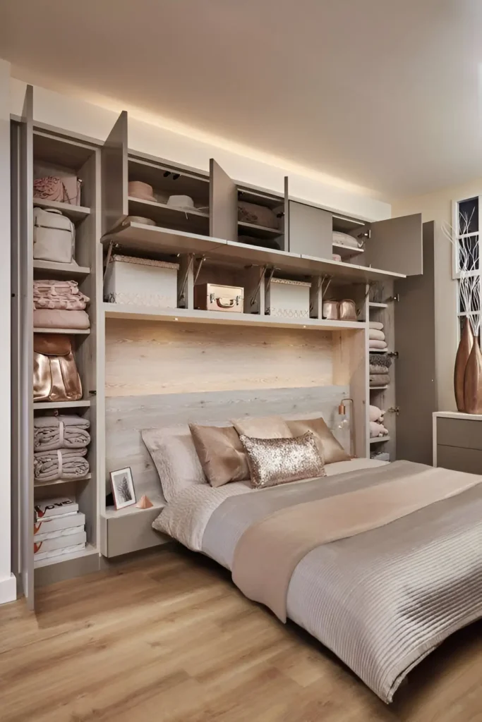 Bedroom with integrated over-bed storage cabinets and shelving.