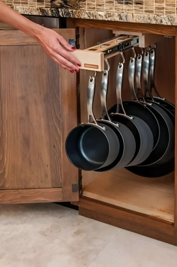 Hand pulling out a sliding pot and pan organizer from a kitchen cabinet.