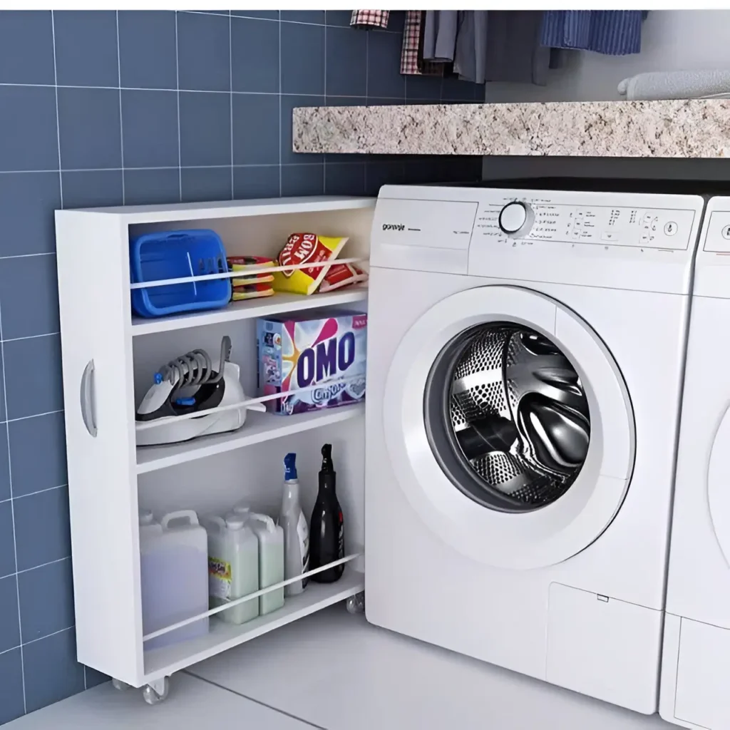 Slim rolling cart holding laundry supplies next to a washing machine.