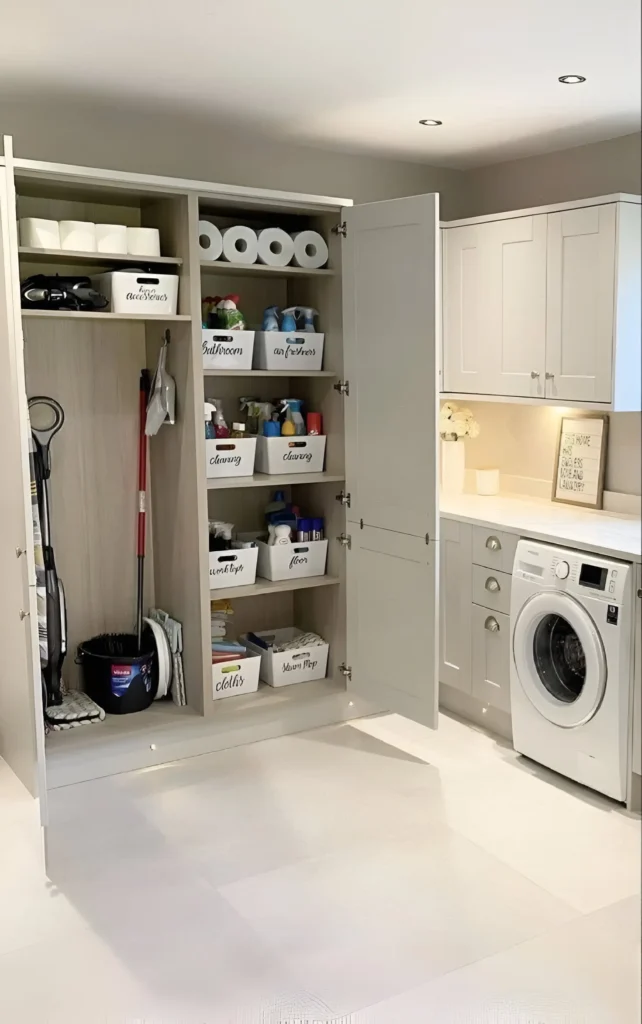 Open utility closet with labeled bins for organized cleaning supplies.