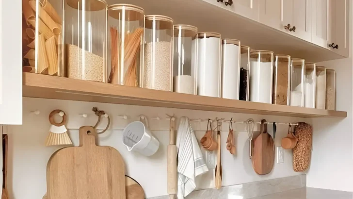 Kitchen countertop with open shelving displaying canisters and a hanging rail for utensils. Brilliant Home Organization Ideas to Maximize Space