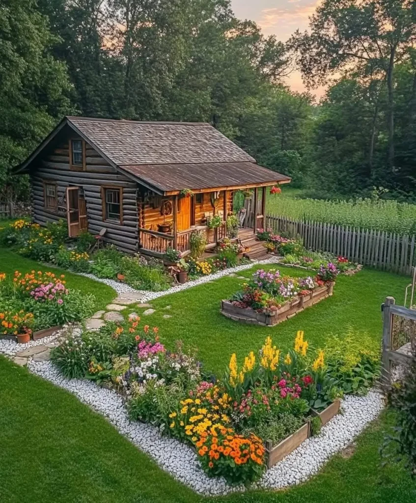 Rustic log cabin with a vibrant flower garden and a cozy front porch in the countryside.