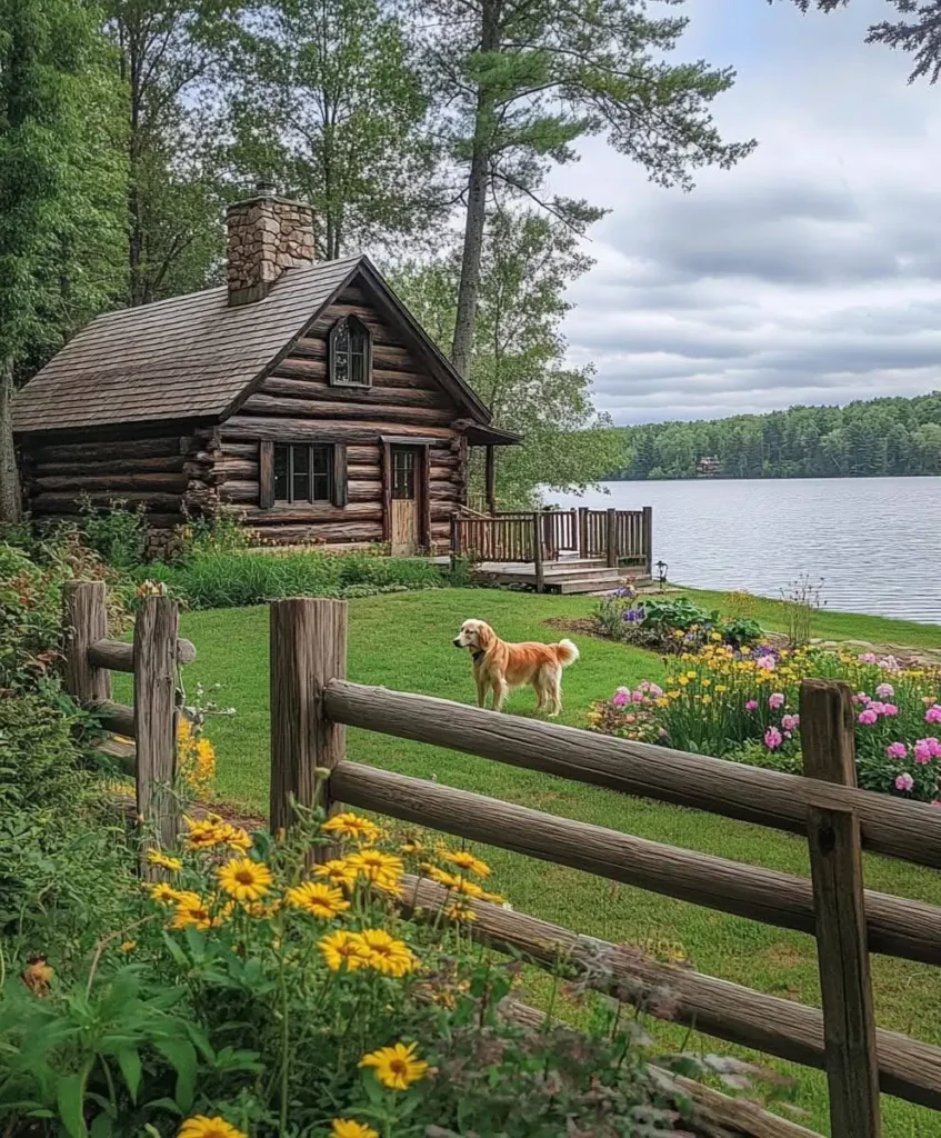 Cozy log cabin by a serene lake, surrounded by wildflowers and a rustic wooden fence.