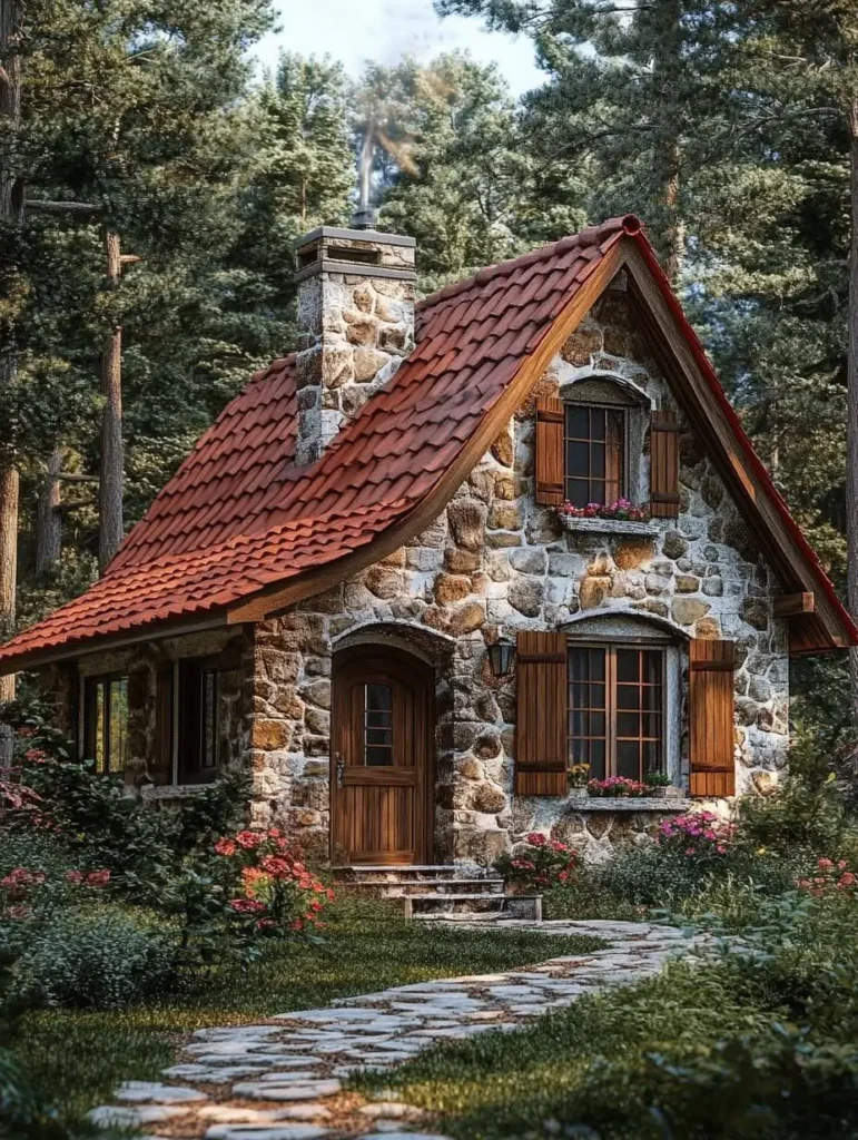 Enchanting stone cottage with a red-tiled roof, wooden shutters, and a garden path in the forest.