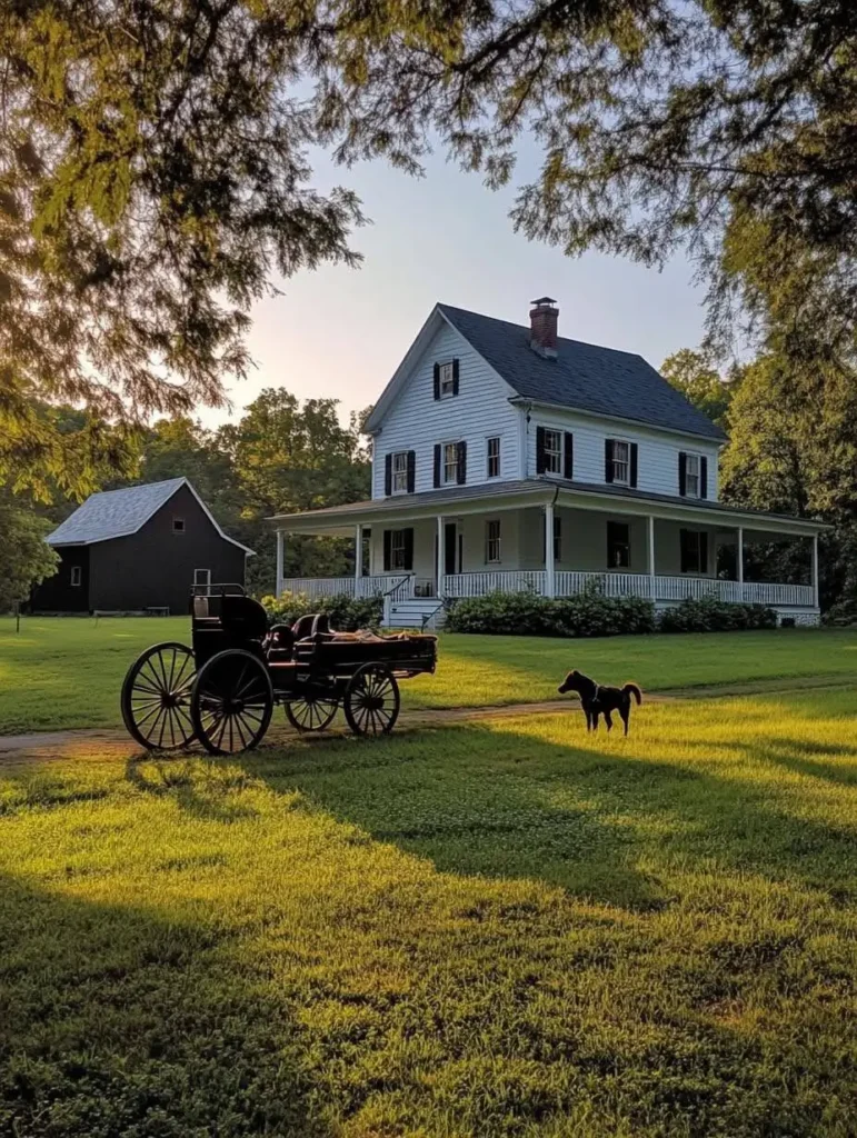 White farmhouse with a wraparound porch, vintage carriage, and lush green countryside at sunset.