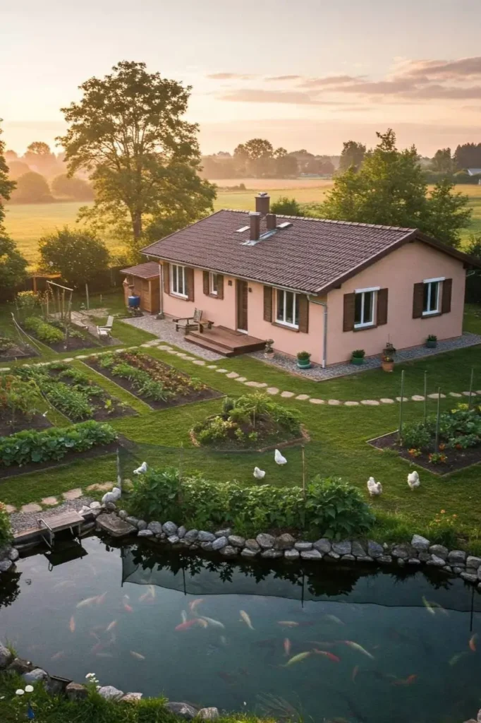 Countryside home with a vegetable garden, chickens, and a koi pond at sunrise.