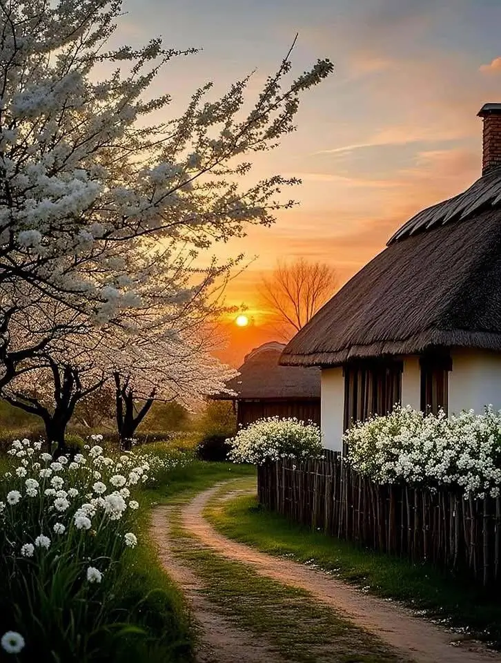 Thatched-roof cottage along a flower-lined path at sunset, surrounded by cherry blossoms.