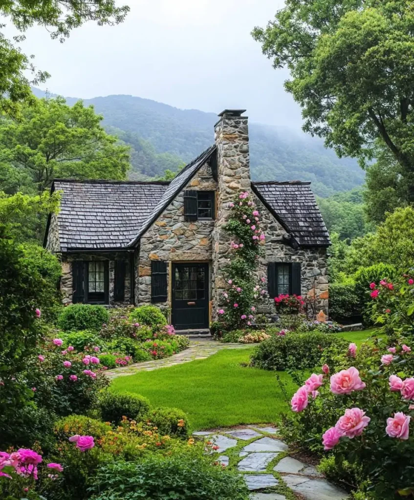 Storybook stone cottage with a blooming rose garden and mountain backdrop.