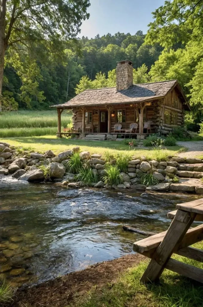 Rustic log cabin with a stone chimney, surrounded by trees and a flowing creek.