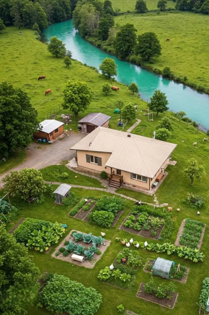 A countryside homestead with a vegetable garden, grazing cattle, and a turquoise river.