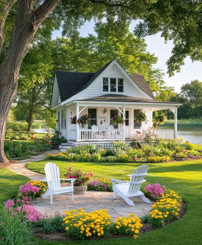 White cottage with a wraparound porch, colorful garden, and lakeside views.