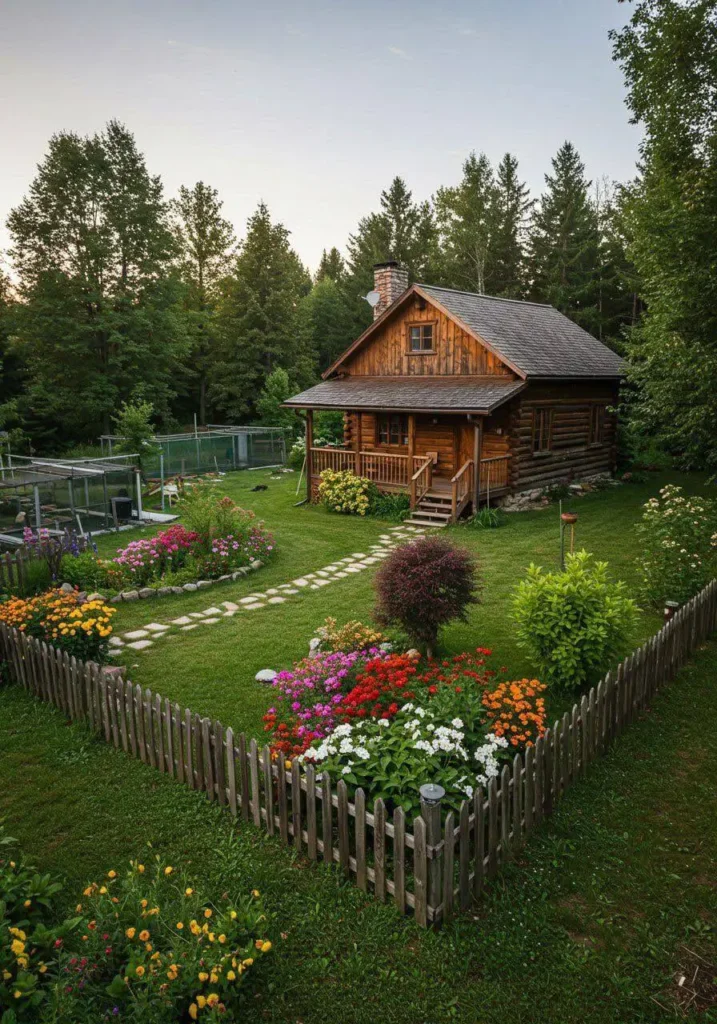 Rustic log cabin with a picket fence, colorful garden, and stone pathway in the countryside.