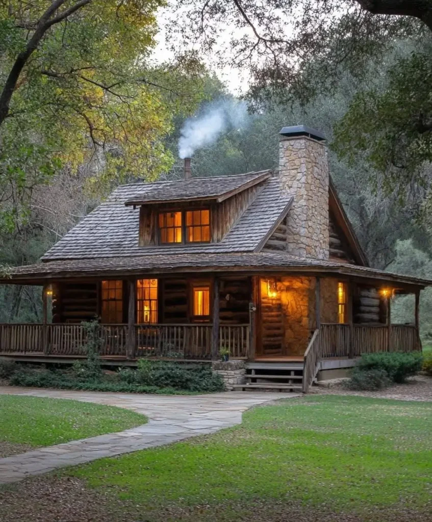 Cozy log cabin with a stone chimney and glowing windows, surrounded by trees in the evening.