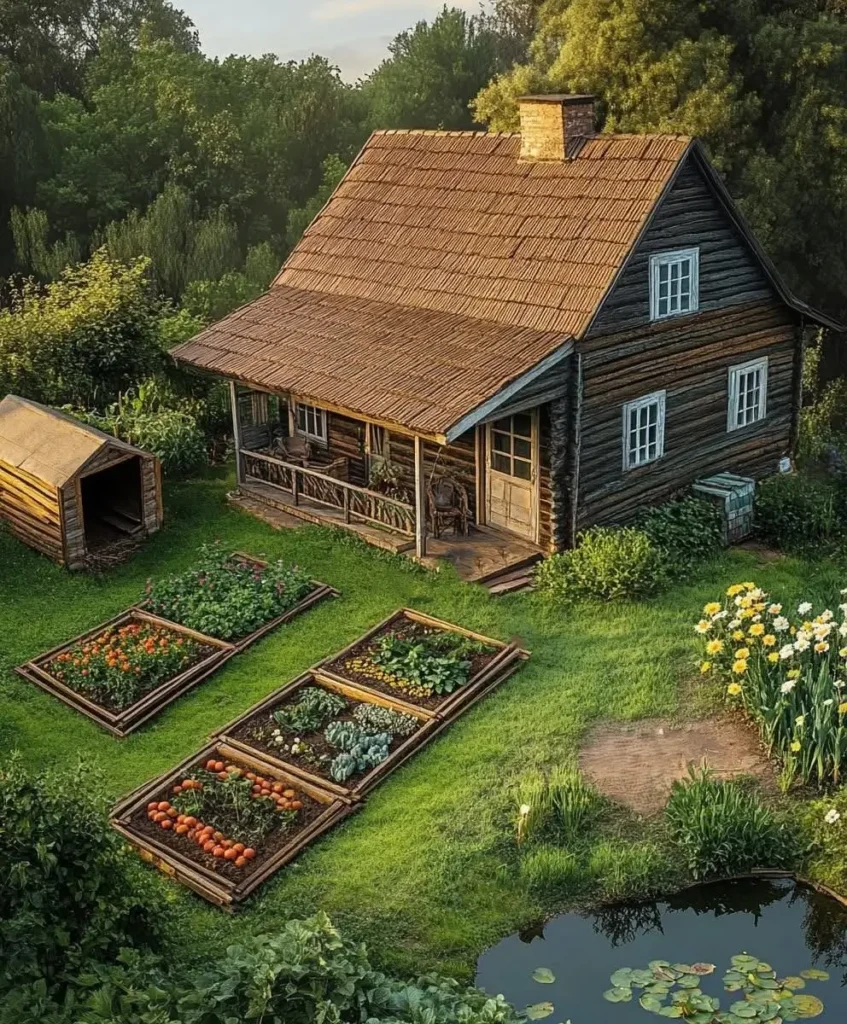 Rustic wooden cabin with a thatched roof, vegetable garden, and pond in a countryside setting.