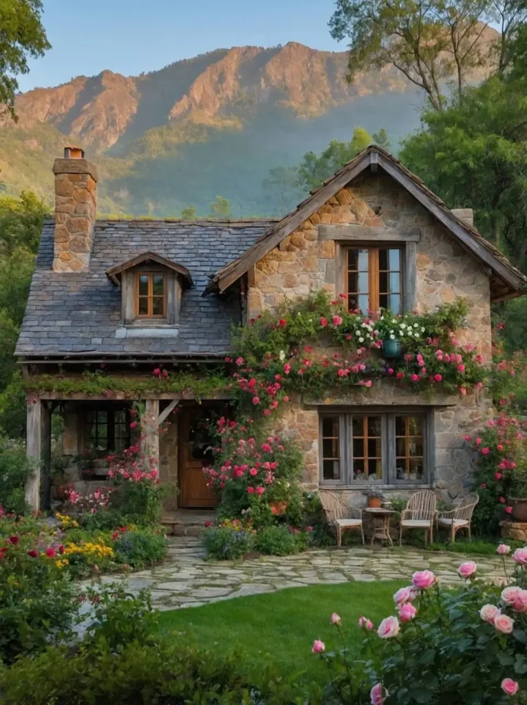 Stone cottage with climbing roses, wooden accents, and a mountain backdrop in the countryside.