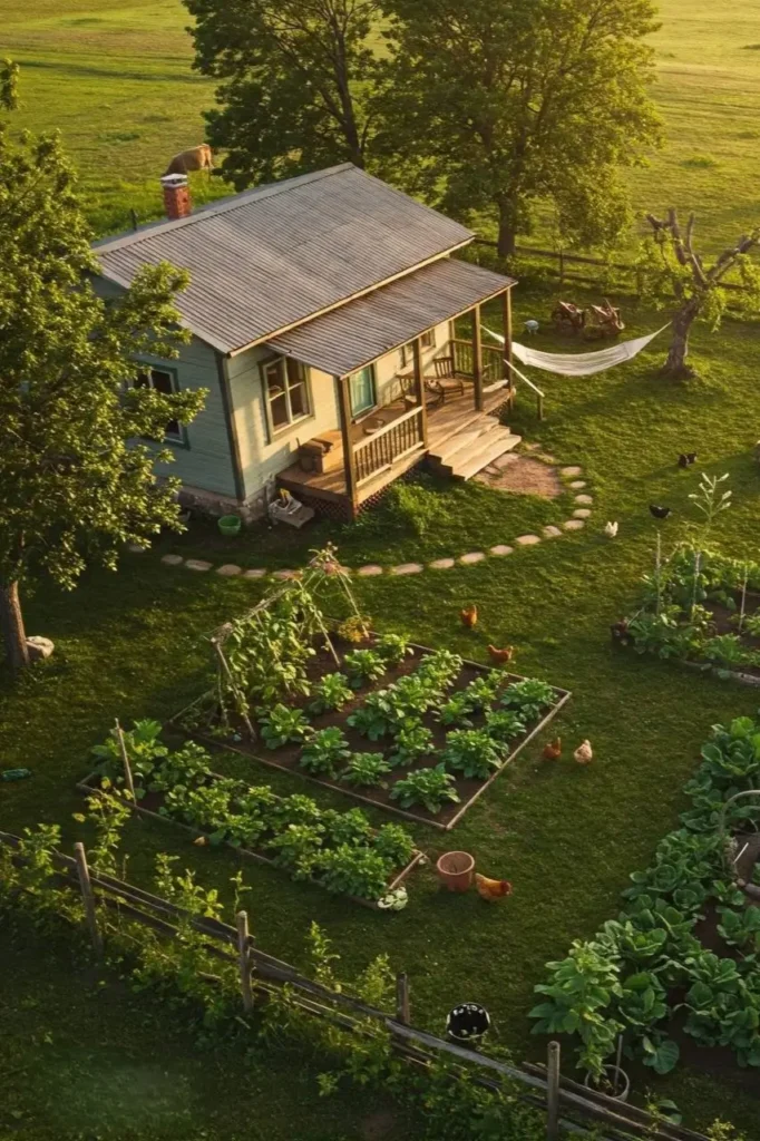 Small farmhouse with a vegetable garden, chickens, and a hammock in a lush countryside setting.