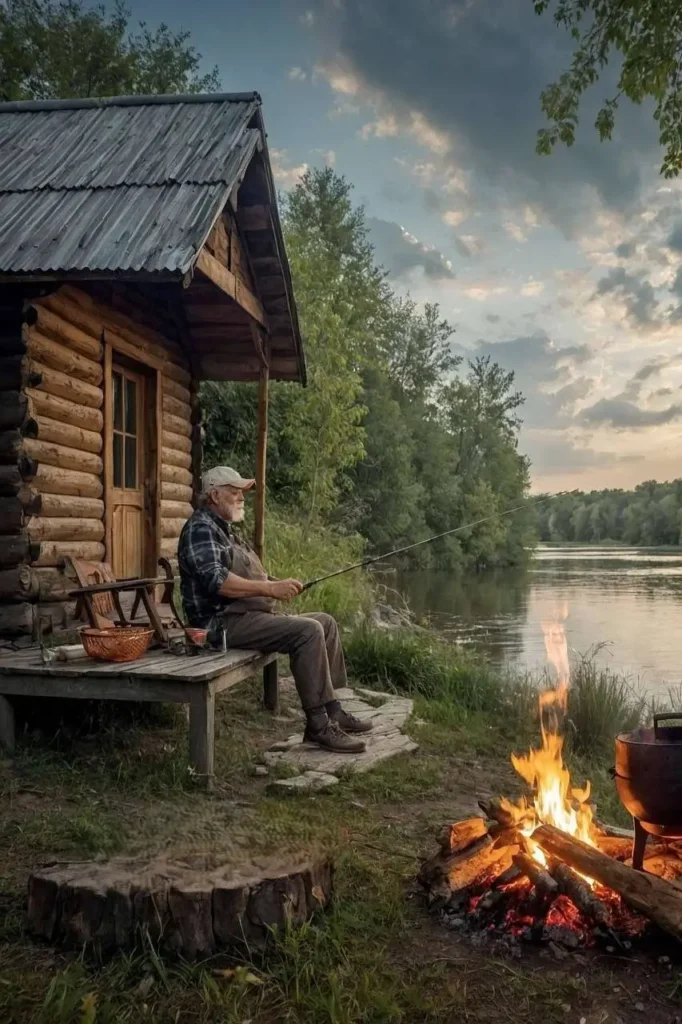 Rustic log cabin by a river with a man fishing and a cozy campfire at sunset.