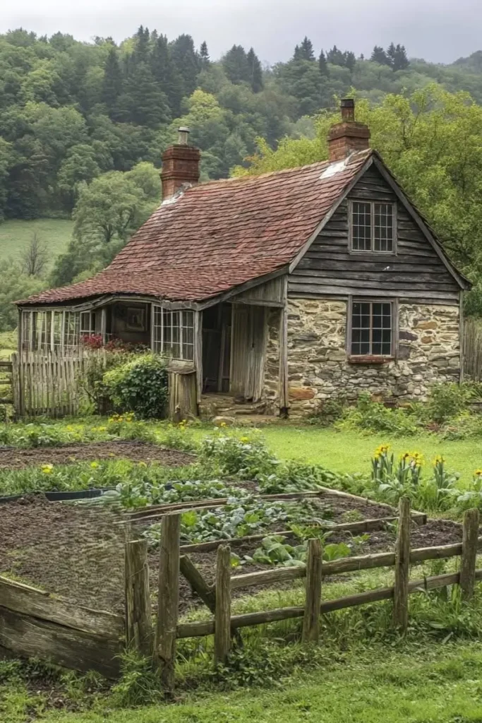 Old stone cottage with a red-tiled roof, wooden beams, and a vegetable garden in the countryside.