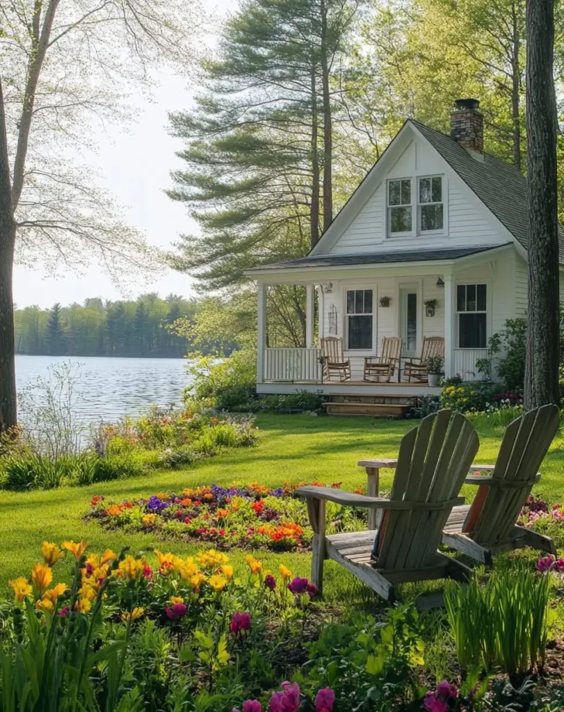 White lakeside cottage with a flower garden, Adirondack chairs, and a cozy porch in the countryside.