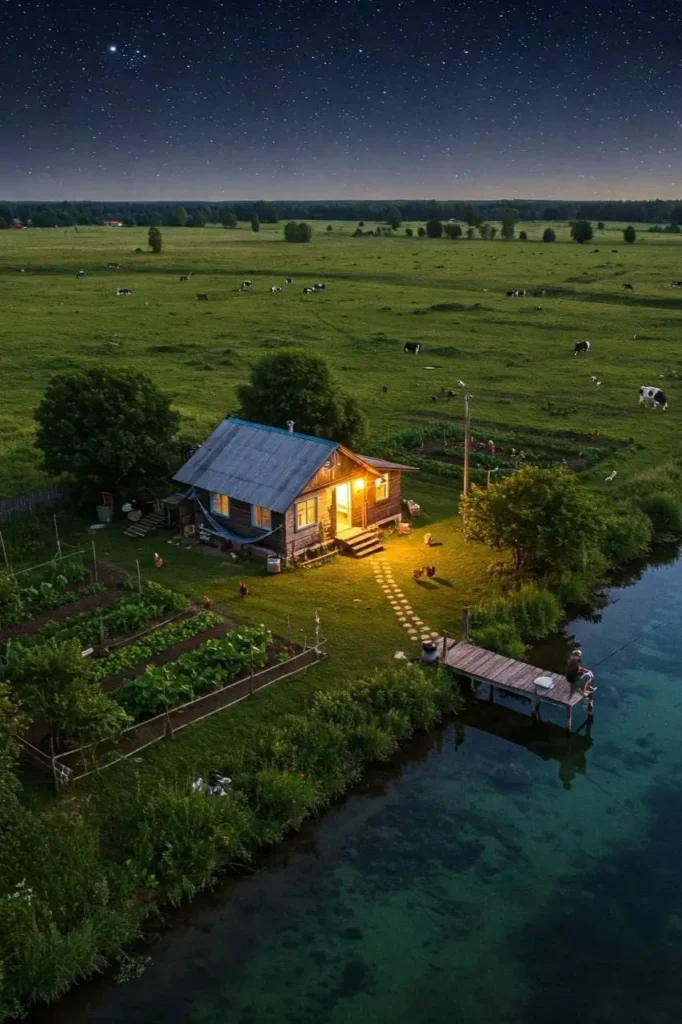 Warmly lit wooden cabin with a dock, vegetable garden, and starry night sky in a countryside setting.