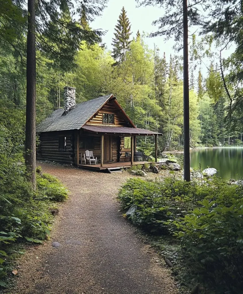 Rustic log cabin by a tranquil lake, surrounded by towering trees and a forest pathway.