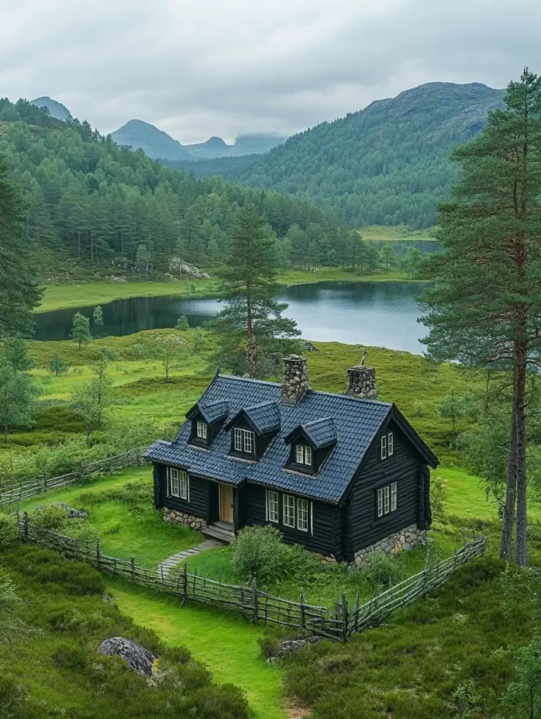 Black countryside cabin with mountain views, nestled by a lake surrounded by lush greenery.