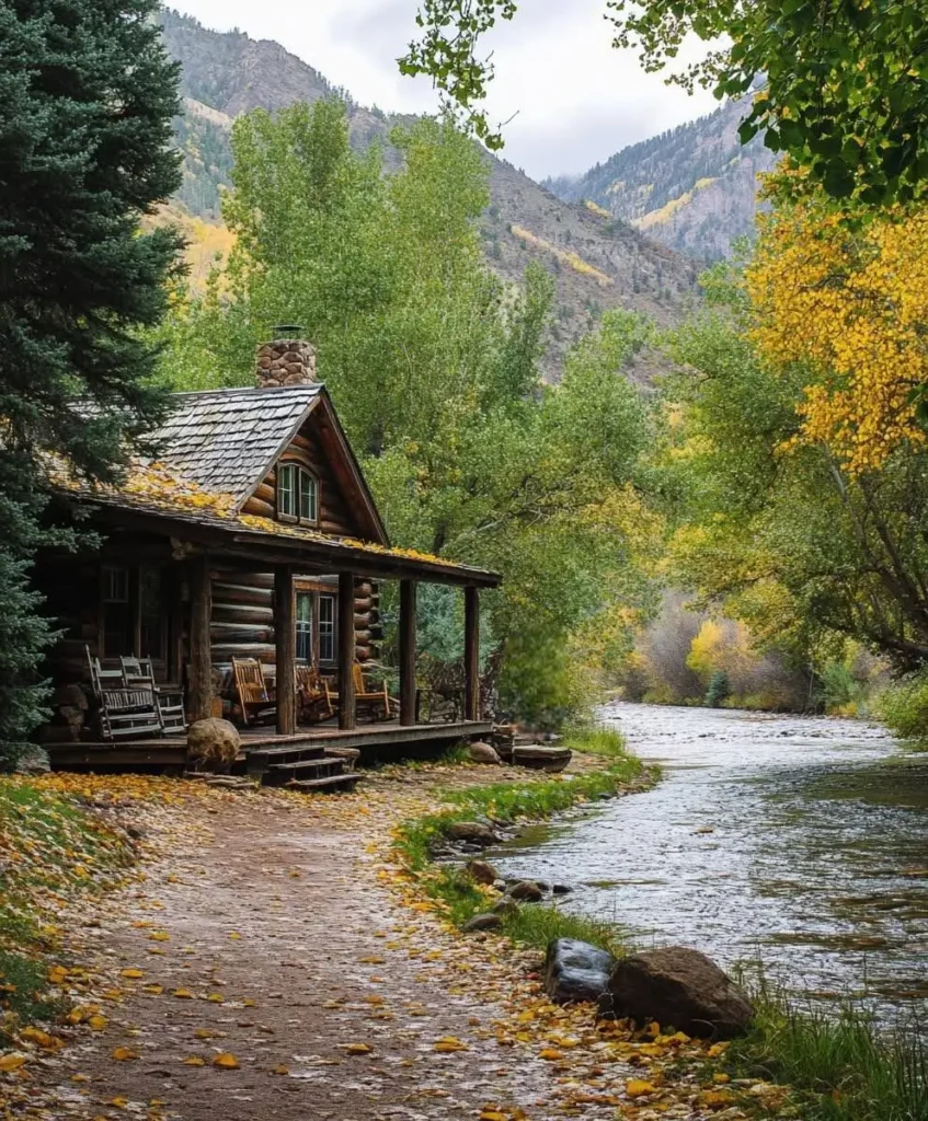 Cozy log cabin by the river with a mountain backdrop and autumn foliage.