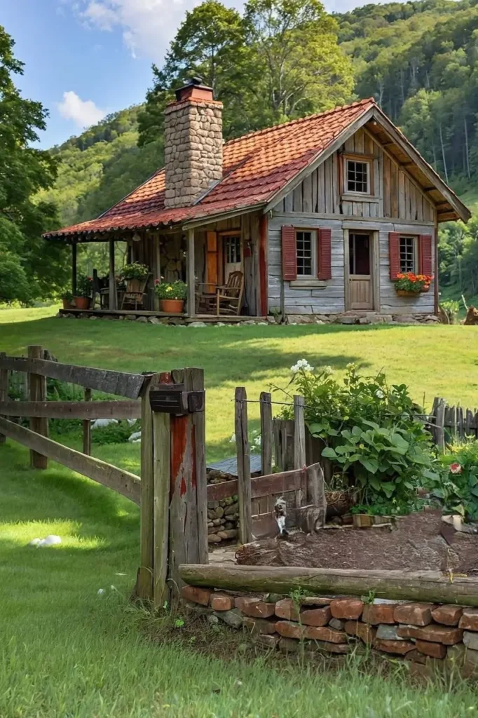 Cozy country cabin with a stone chimney, vibrant shutters, and beautiful natural surroundings.