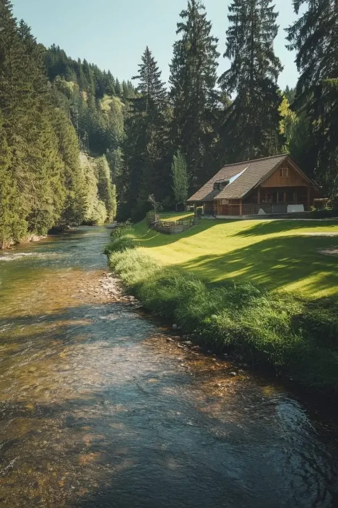 Scenic riverside cabin surrounded by lush trees and green grass, offering a tranquil nature escape.