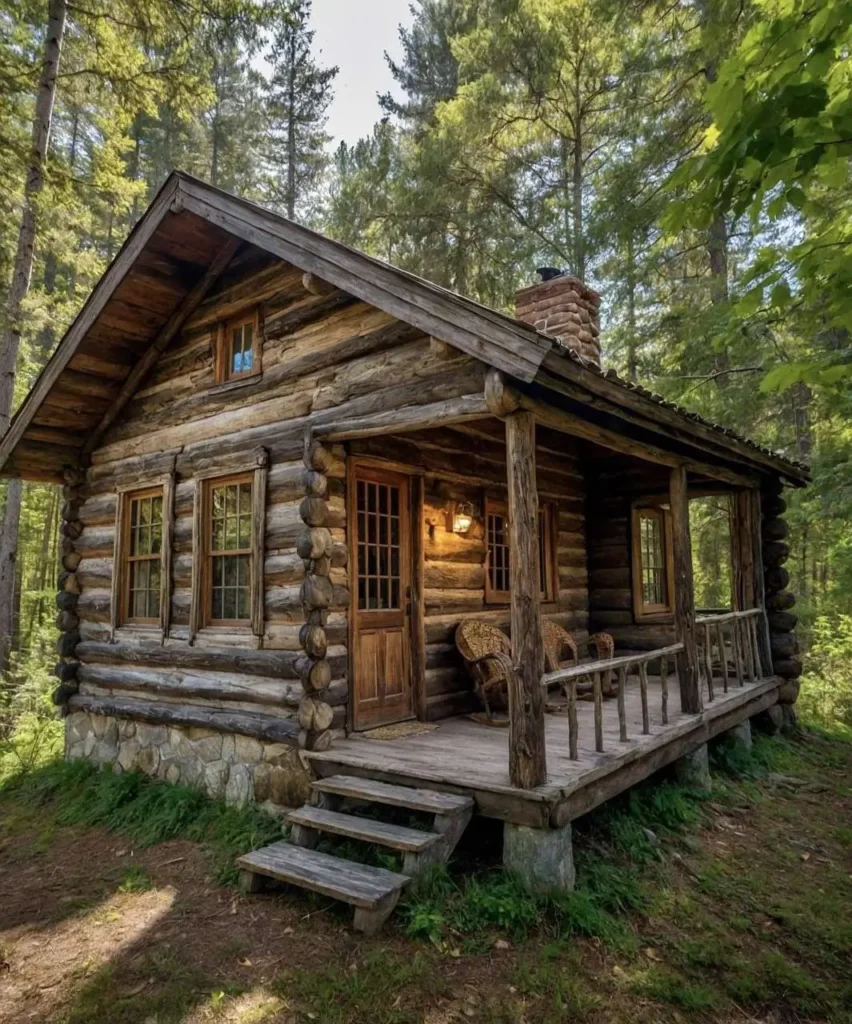 Cozy log cabin in the forest with a welcoming porch and wooden chairs, surrounded by lush greenery. Charming Countryside Cabins