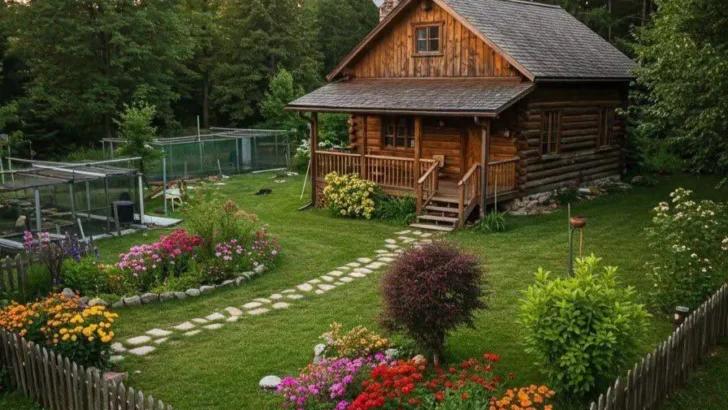 Cozy log cabin with a garden path and vibrant flower beds surrounded by greenery and a wooden fence. Charming Countryside Cabins