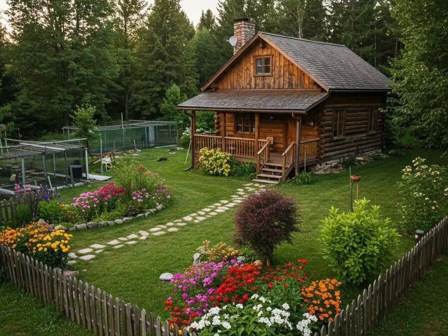 Cozy log cabin with a garden path and vibrant flower beds surrounded by greenery and a wooden fence. Charming Countryside Cabins