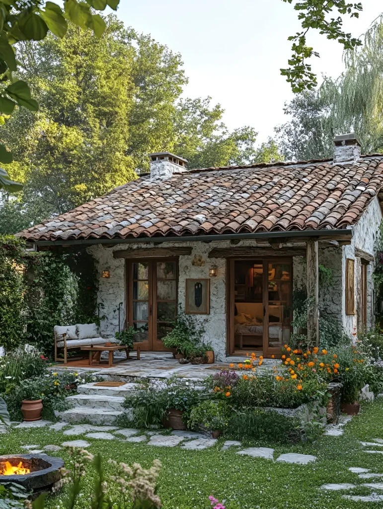 Stone cottage with terracotta roof, lush garden, and cozy outdoor seating.