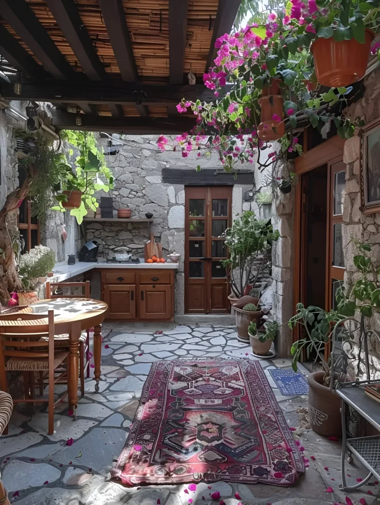 Stone courtyard with bougainvillea, wooden furniture, and rustic Mediterranean decor.