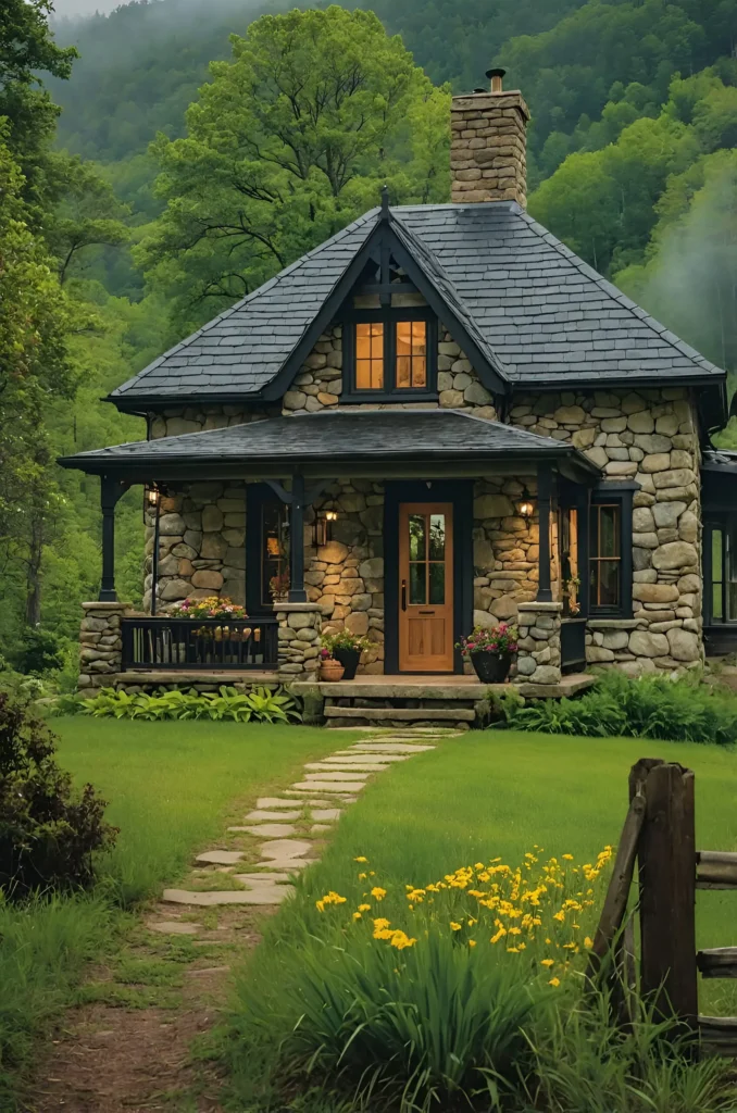 Storybook stone cottage with a slate roof, front porch, and lush greenery.