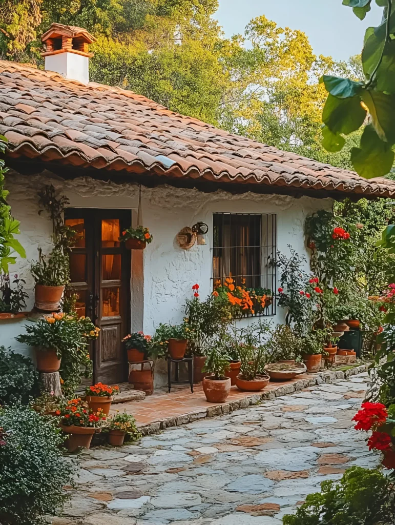 Mediterranean stone cottage with terracotta roof and lush floral courtyard.