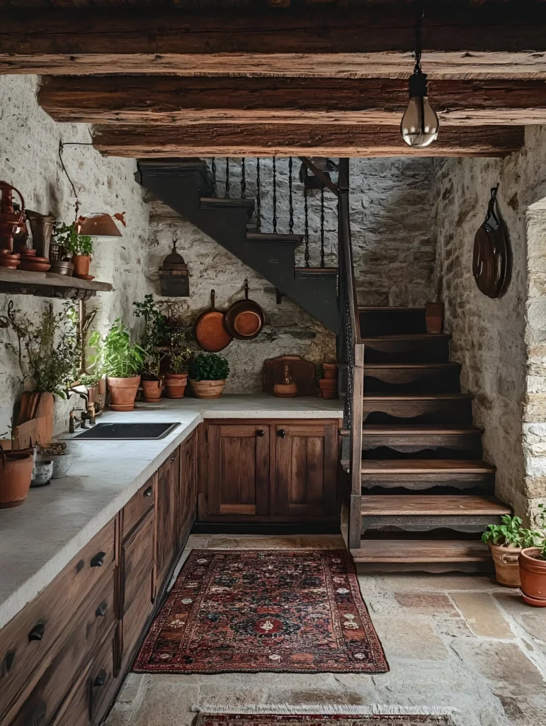 Rustic stone cottage kitchen with wooden beams, vintage decor, and warm lighting.