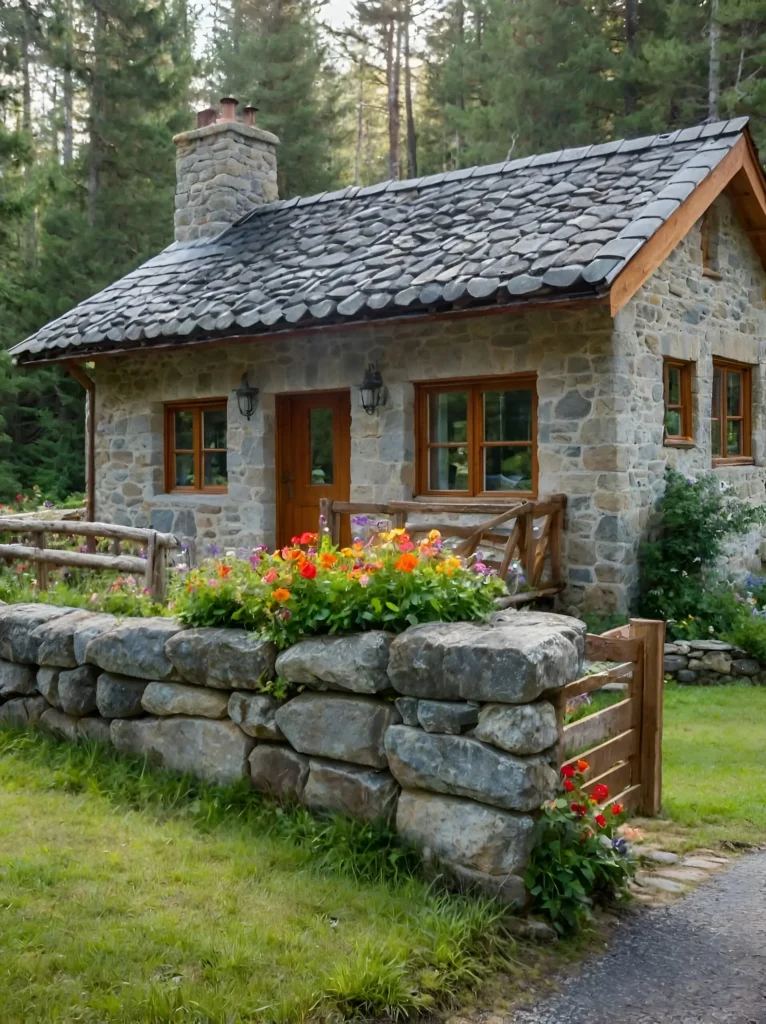 Cozy stone cottage with a slate roof, wooden accents, and a flower-lined stone fence.