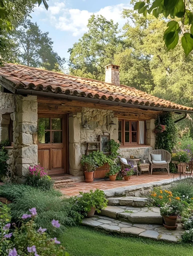 Rustic stone cottage with a terracotta roof, cozy porch, and lush greenery.